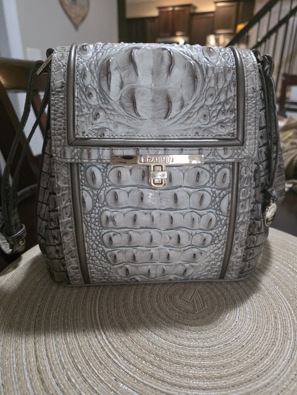 Brahmin Light Gray Croc-Embossed Satchel with Matching Wallet & Coin Pouch